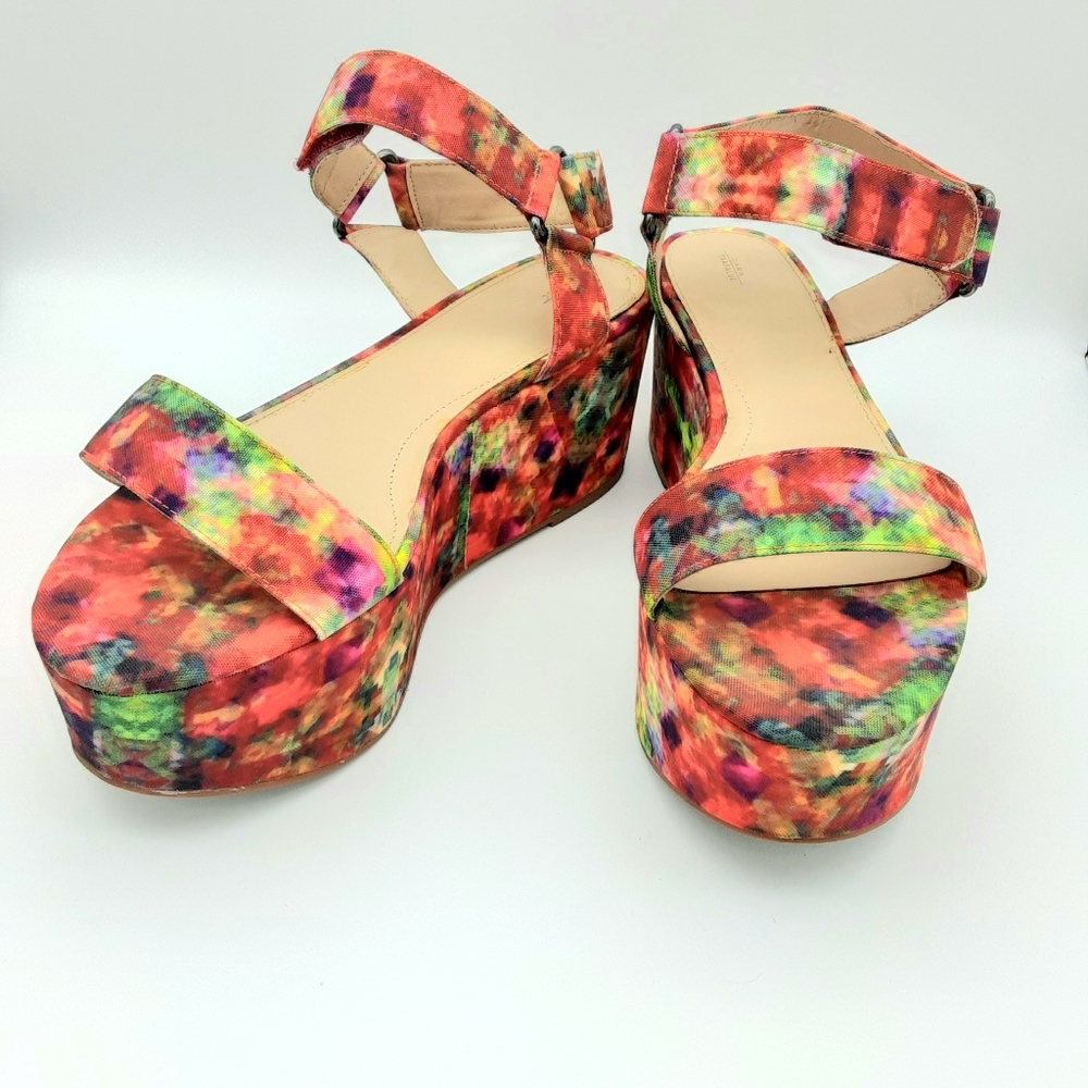 Zara Trafaluc colorful floral rainbow platform velcro strap sandals shoe size 8